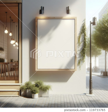 Wooden framed blank poster on outdoor wall near cozy cafe. Urban street design mockup 119733765