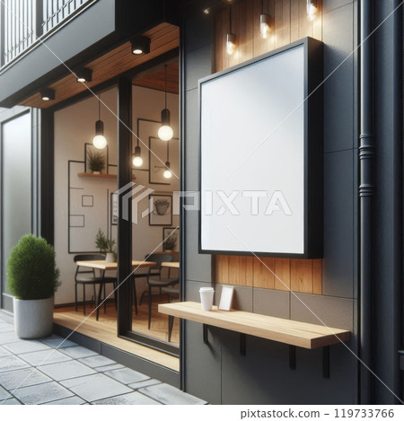 Blank outdoor poster on cafe wall with shelf and coffee cup. Urban design mockup template 119733766