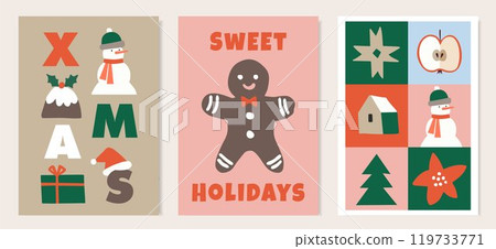 Merry Christmas Happy New Year. Set of vector illustrations. Winter background, greeting card, party invitation. Retro flat design poster set with Christmas tree, gingerbread man cookie and snow man. 119733771