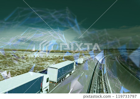 Abstract design background Trucks and transport tracking.Highway and delivering. Abstract design background Trucks and transport tracking.Highway and delivering. 119733797