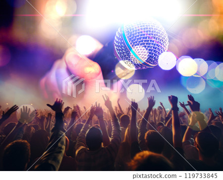 Microphone and stage lights.Concert and music concept 119733845
