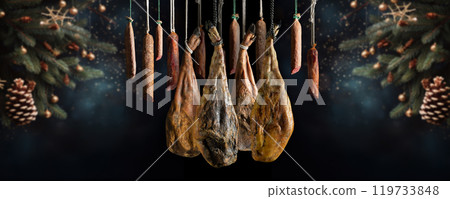 Dry Spanish ham, Jamon Serrano, Bellota, Italian Prosciutto Crudo or Parma ham. Dry Spanish ham, Jamon Serrano, Bellota, Italian Prosciutto Crudo or Parma ham. 119733848