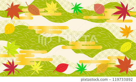 Background illustration material featuring autumn leaves and gold clouds on a Japanese pattern background Background illustration material featuring autumn leaves and gold clouds on a Japanese pattern background 119733892