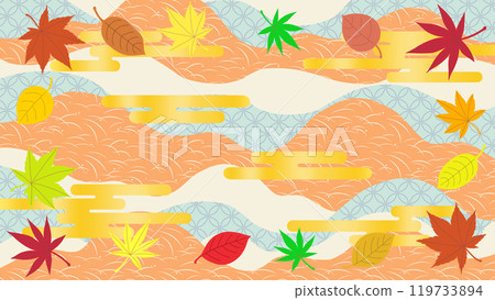 日本圖案背景上有秋葉和金雲的背景插圖材料 119733894