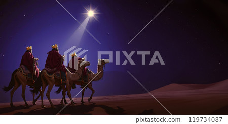 Panoramic view of the Magi crossing the desert following the star of Bethlehem 119734087