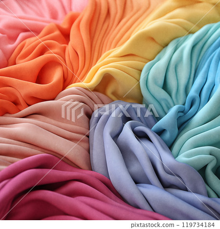 Pile of colorful folded t-shirts. Pile of colorful folded t-shirts. 119734184