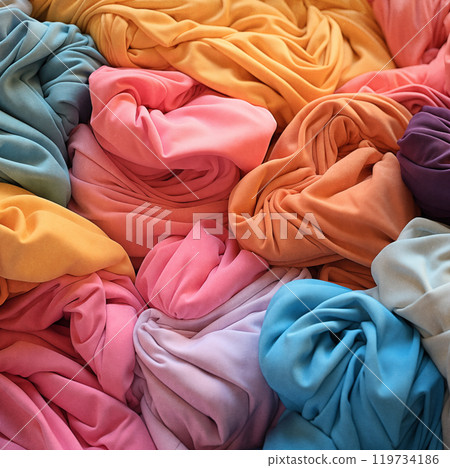 Pile of colorful folded t-shirts. 119734186