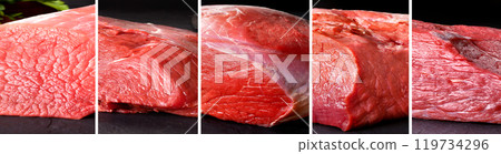 Beef sirloin steaks and T-bone steaks on a stone or black slate background. Beef sirloin steaks and T-bone steaks on a stone or black slate background. 119734296