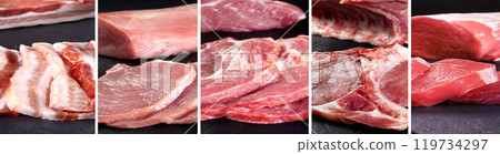 Beef sirloin steaks and T-bone steaks on a stone or black slate background. 119734297