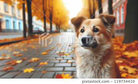 Homeless dog on cobblestone street with autumn leaves. Urban outdoor photography of a pet during fall season with yellow and orange foliage with copy space 119734410