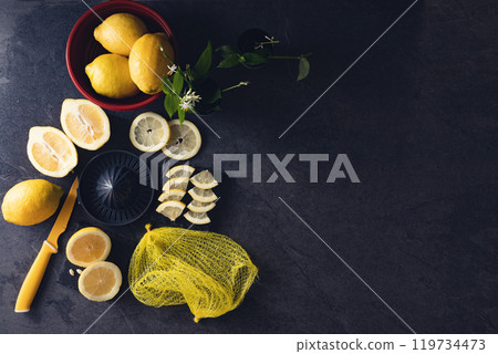 Top view with copy space for fresh and ripe lemons.Healthy food background. 119734473