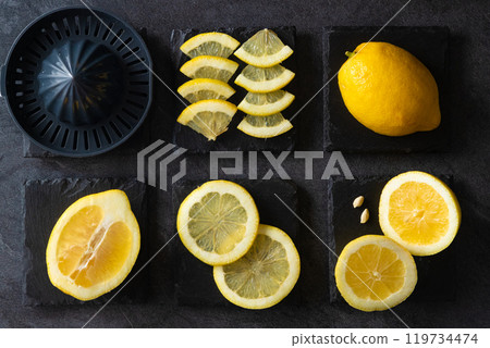 Top view with copy space for fresh and ripe lemons.Healthy food background. 119734474