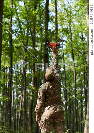 Elite military unit, equipped with state-of-the-art technology including a drone, strategically navigates and surveys dangerous wooded terrain, showcasing their precision, cooperation, and specialized Elite military unit, equipped with state-of-the-art technology including a drone, strategically navigates and surveys dangerous wooded terrain, showcasing their precision, cooperation, and specialized 119734488