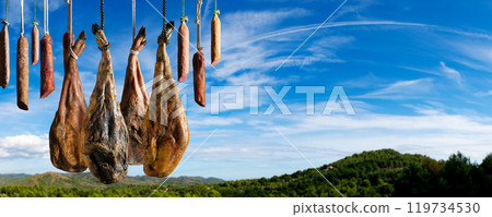Background dry-cured Iberian ham, loin, Iberian salami, chorizo. 119734530