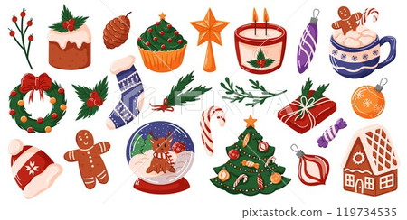 Festive Christmas set with holiday elements like gingerbread man, house, tree, ornament, candle, wreaths and gift. Ideal for holiday themed illustration, card, and decoration. Cartoon style. 119734535