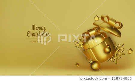 Happy New Year and Merry Christmas. Christmas holiday background with realistic 3d objects, Gift boxes, Christmas balls, snowflakes, conical metal stars. Happy New Year and Merry Christmas. Christmas holiday background with realistic 3d objects, Gift boxes, Christmas balls, snowflakes, conical metal stars. 119734995