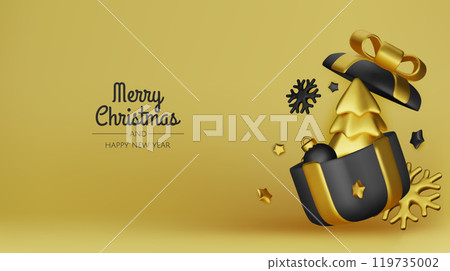 Happy New Year and Merry Christmas. Christmas holiday background with realistic 3d objects, gold and black bauble balls, conical metal stars, gift. Levitation falling design composition. 119735002