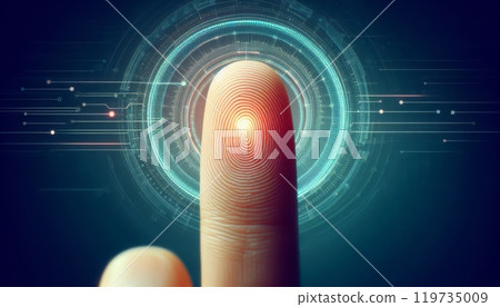 Close-up of a fingerprint being scanned by futuristic digital interface. Biometrics and security technology concept 119735009