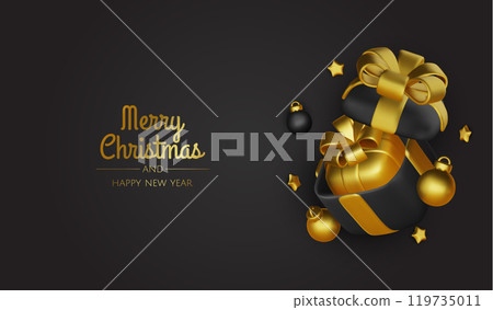 Happy New Year and Merry Christmas. Christmas holiday background with realistic 3d objects, gold and black bauble balls, conical metal stars, gift. Levitation falling design composition. Happy New Year and Merry Christmas. Christmas holiday background with realistic 3d objects, gold and black bauble balls, conical metal stars, gift. Levitation falling design composition. 119735011