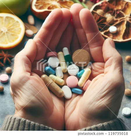 Elderly hands holding various pills and supplements with dried fruits and herbs in the background. Health and medicine concept 119735018
