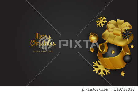 Christmas winter festive composition. Colorful Xmas background realistic 3d decorative design objects, christmas tree, gift boxes, xmas ball, gold confetti. Happy New Year. Vector illustration Christmas winter festive composition. Colorful Xmas background realistic 3d decorative design objects, christmas tree, gift boxes, xmas ball, gold confetti. Happy New Year. Vector illustration 119735033