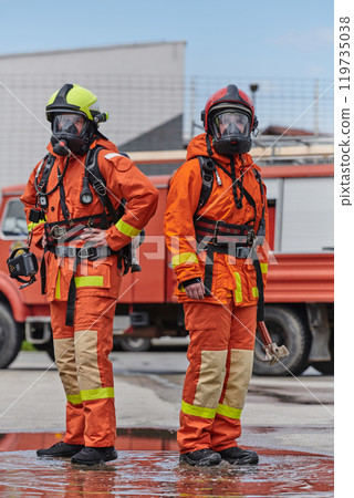 Firefighter Team Training with Various Tools in Professional Gear 119735038