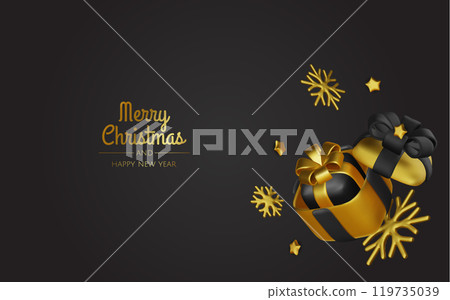 Christmas winter festive composition. Colorful Xmas background realistic 3d decorative design objects, christmas tree, gift boxes, xmas ball, gold confetti. Happy New Year. Vector illustration 119735039
