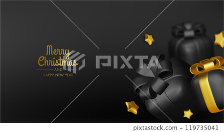 Happy New Year and Merry Christmas. Christmas holiday background with realistic 3d objects, Gift boxes, Christmas balls, snowflakes, conical metal stars. Happy New Year and Merry Christmas. Christmas holiday background with realistic 3d objects, Gift boxes, Christmas balls, snowflakes, conical metal stars. 119735041