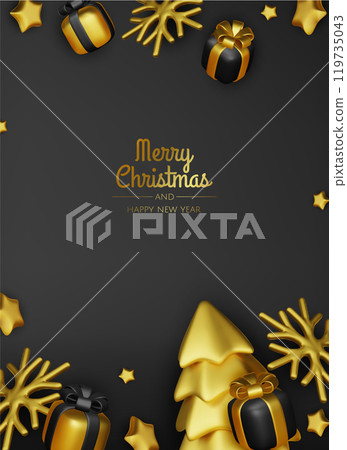 Happy New Year and Merry Christmas. Christmas holiday background with realistic 3d objects, Gift boxes, Christmas balls, snowflakes, conical metal stars. 119735043