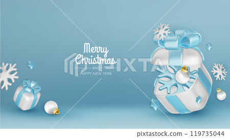 Happy New Year and Merry Christmas. Christmas holiday background with realistic 3d objects, blue and white bauble balls, conical metal stars, gift. Levitation falling design composition. 119735044