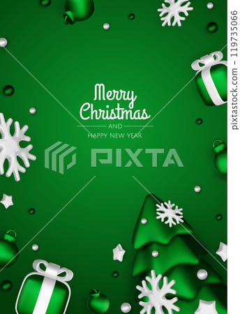 Happy New Year and Merry Christmas. Christmas holiday background with realistic 3d objects,green and white bauble balls, conical metal stars. Levitation falling design composition. Happy New Year and Merry Christmas. Christmas holiday background with realistic 3d objects,green and white bauble balls, conical metal stars. Levitation falling design composition. 119735066
