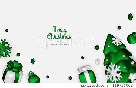 Happy New Year and Merry Christmas. Christmas holiday background with realistic 3d objects,green and white bauble balls, conical metal stars. Levitation falling design composition. 119735068