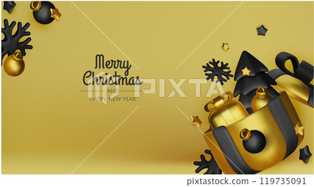 Christmas winter festive composition. Colorful Xmas background realistic 3d decorative design objects, christmas tree, gift boxes, xmas ball, gold confetti. Happy New Year. Vector illustration Christmas winter festive composition. Colorful Xmas background realistic 3d decorative design objects, christmas tree, gift boxes, xmas ball, gold confetti. Happy New Year. Vector illustration 119735091