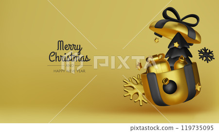 Christmas winter festive composition. Colorful Xmas background realistic 3d decorative design objects, christmas tree, gift boxes, xmas ball, gold confetti. Happy New Year. Vector illustration Christmas winter festive composition. Colorful Xmas background realistic 3d decorative design objects, christmas tree, gift boxes, xmas ball, gold confetti. Happy New Year. Vector illustration 119735095