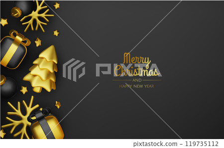 Christmas winter festive composition. Colorful Xmas background realistic 3d decorative design objects, christmas tree, gift boxes, xmas ball, gold confetti. Happy New Year. Vector illustration Christmas winter festive composition. Colorful Xmas background realistic 3d decorative design objects, christmas tree, gift boxes, xmas ball, gold confetti. Happy New Year. Vector illustration 119735112