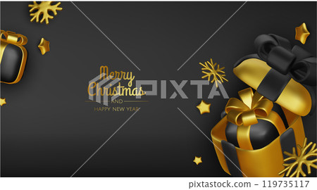 Happy New Year and Merry Christmas. Christmas holiday background with realistic 3d objects, Gift boxes, Christmas balls, snowflakes, conical metal stars. Happy New Year and Merry Christmas. Christmas holiday background with realistic 3d objects, Gift boxes, Christmas balls, snowflakes, conical metal stars. 119735117