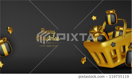 Happy New Year and Merry Christmas. Christmas holiday background with realistic 3d objects, Gift boxes, Christmas balls, conical metal stars. Levitation falling design composition. 119735119