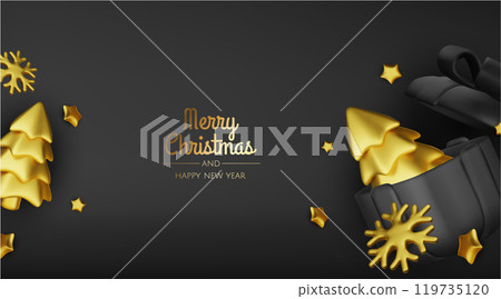 Happy New Year and Merry Christmas 2025. Christmas tree, Gift boxes, Christmas balls. Greeting card. Vector 3d rendering. 119735120