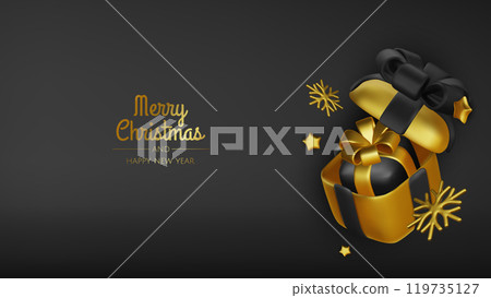 Happy New Year and Merry Christmas 2025. Christmas tree, Gift boxes, Christmas balls. Greeting card. Vector 3d rendering. Happy New Year and Merry Christmas 2025. Christmas tree, Gift boxes, Christmas balls. Greeting card. Vector 3d rendering. 119735127