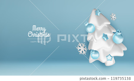 Happy New Year and Merry Christmas. Christmas holiday background with realistic 3d objects, blue and white bauble balls, conical metal stars, gift. Levitation falling design composition. Happy New Year and Merry Christmas. Christmas holiday background with realistic 3d objects, blue and white bauble balls, conical metal stars, gift. Levitation falling design composition. 119735138