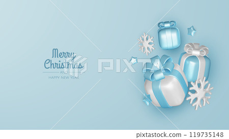 Happy New Year and Merry Christmas. Christmas holiday background with realistic 3d objects, blue and white bauble balls, conical metal stars, gift. Levitation falling design composition. Happy New Year and Merry Christmas. Christmas holiday background with realistic 3d objects, blue and white bauble balls, conical metal stars, gift. Levitation falling design composition. 119735148