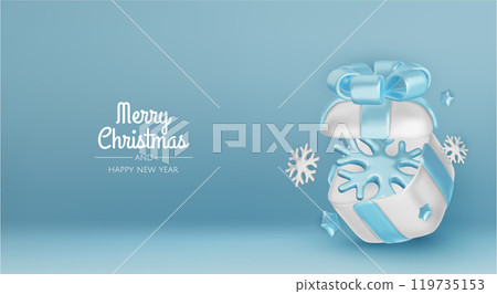 Happy New Year and Merry Christmas. Christmas holiday background with realistic 3d objects, blue and white bauble balls, conical metal stars, gift. Levitation falling design composition. Happy New Year and Merry Christmas. Christmas holiday background with realistic 3d objects, blue and white bauble balls, conical metal stars, gift. Levitation falling design composition. 119735153
