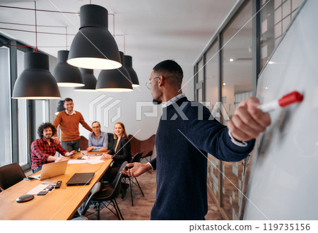 Strategic Leadership: African American Businessman Leading Crucial Corporate Meeting. 119735156