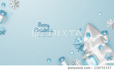 Happy New Year and Merry Christmas. Christmas holiday background with realistic 3d objects, blue and white bauble balls, conical metal stars, gift. Levitation falling design composition. Happy New Year and Merry Christmas. Christmas holiday background with realistic 3d objects, blue and white bauble balls, conical metal stars, gift. Levitation falling design composition. 119735157