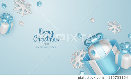 Happy New Year and Merry Christmas. Christmas holiday background with realistic 3d objects, Gift boxes, Christmas balls, snowflakes, conical metal stars. Happy New Year and Merry Christmas. Christmas holiday background with realistic 3d objects, Gift boxes, Christmas balls, snowflakes, conical metal stars. 119735164