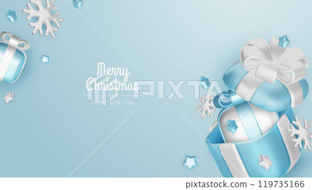 Happy New Year and Merry Christmas. Christmas holiday background with realistic 3d objects, blue and white bauble balls, conical metal stars, gift. Levitation falling design composition. 119735166