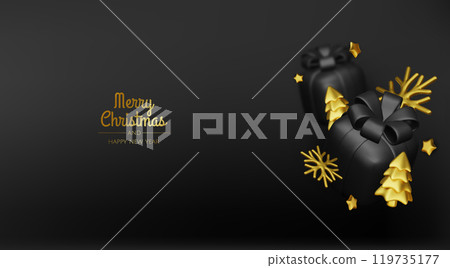 Happy New Year and Merry Christmas 2025. Christmas tree, Gift boxes, Christmas balls. Greeting card. Vector 3d rendering. Happy New Year and Merry Christmas 2025. Christmas tree, Gift boxes, Christmas balls. Greeting card. Vector 3d rendering. 119735177
