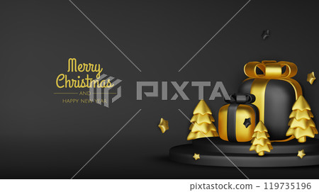 Happy New Year and Merry Christmas. Christmas holiday background with realistic 3d objects,gold and red bauble balls, conical metal stars. Levitation falling design composition. 119735196