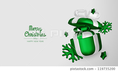 Happy New Year and Merry Christmas. Christmas holiday background with realistic 3d objects,gold and red bauble balls, conical metal stars. Levitation falling design composition. 119735200