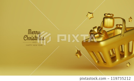 Happy New Year and Merry Christmas. Christmas holiday background with realistic 3d objects,gold and red bauble balls, conical metal stars. Levitation falling design composition. Happy New Year and Merry Christmas. Christmas holiday background with realistic 3d objects,gold and red bauble balls, conical metal stars. Levitation falling design composition. 119735212